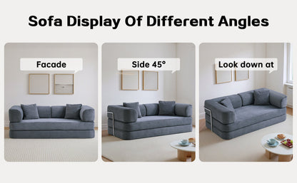 Sofa Bed Floor 5-in-1 Corduroy Gray Convertible Pillow Blanket 74.8 In