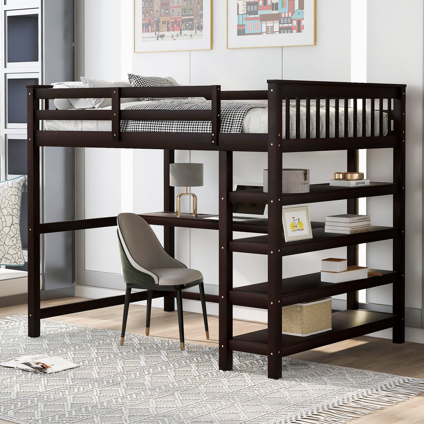 Espresso Full Size Loft Bed with Storage Shelves and Under-bed Desk, Solid Pi...