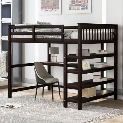 Espresso Full Size Loft Bed with Storage Shelves and Under-bed Desk, Solid Pi...