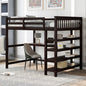 Espresso Full Size Loft Bed with Storage Shelves and Under-bed Desk, Solid Pi...