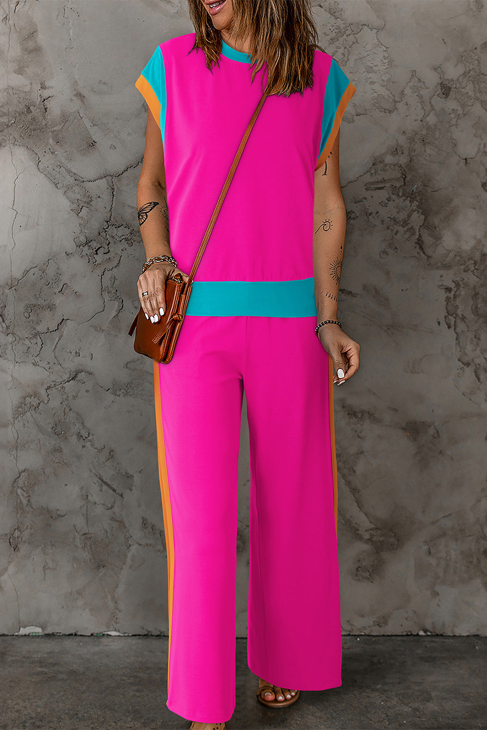 Polyester Two-Piece Set with Contrast Top & Pants