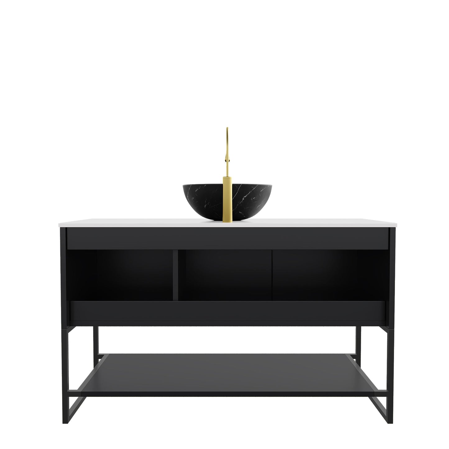 48' Bathroom Vanity with Sink, Freestanding 3 Doors Open Shelf Black Bowl Basin