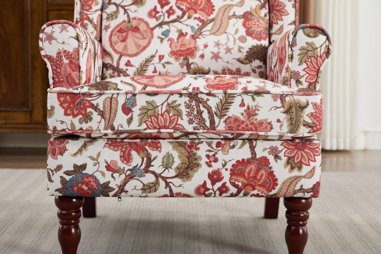 Accent Chair Wingback Linen Floral Red Pine Legs 28x30x38 In
