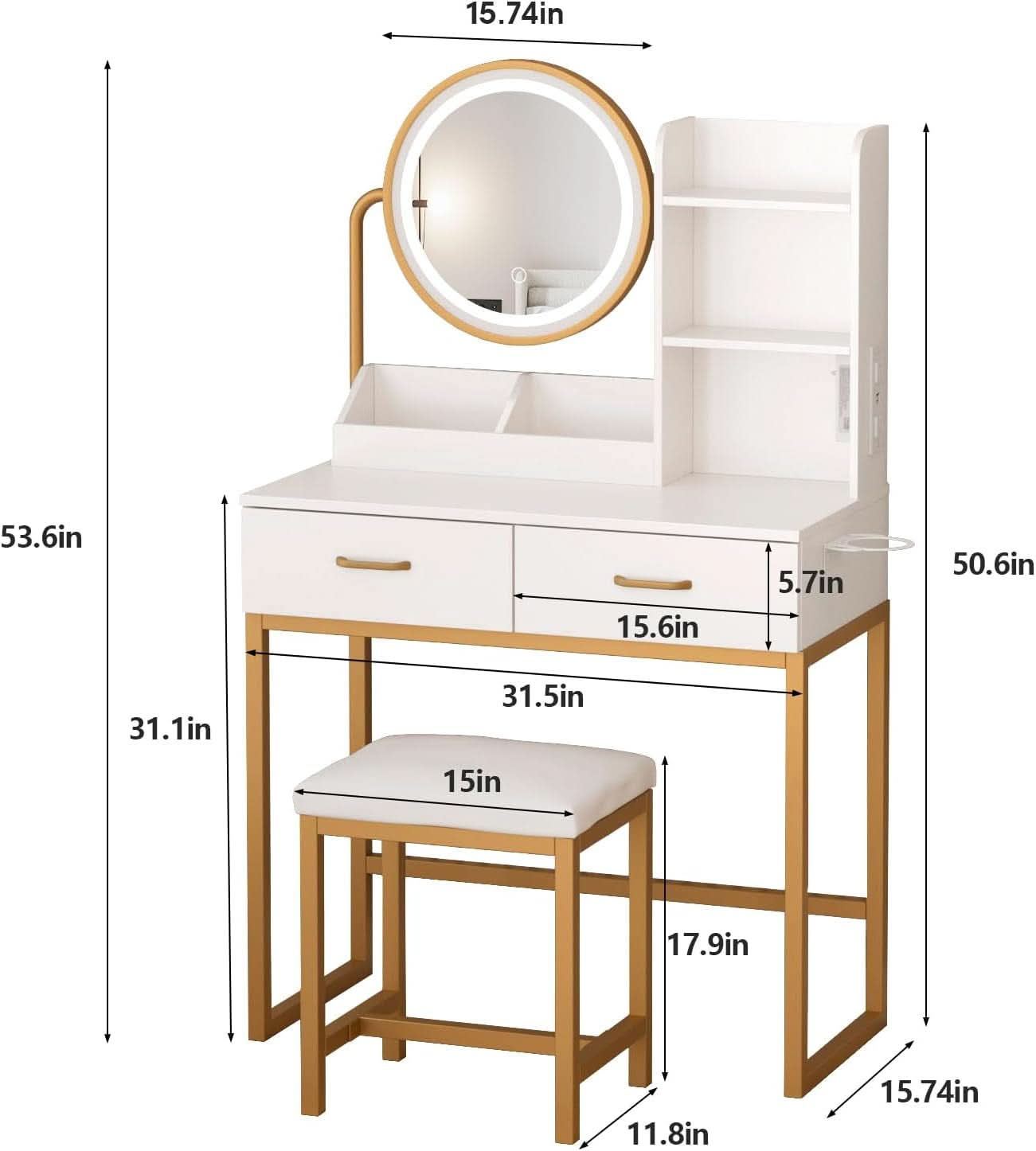 White Round LED Makeup Vanity Mirror With Charging Station 31.5 Inch