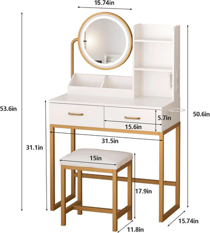 White Round LED Makeup Vanity Mirror With Charging Station 31.5 Inch