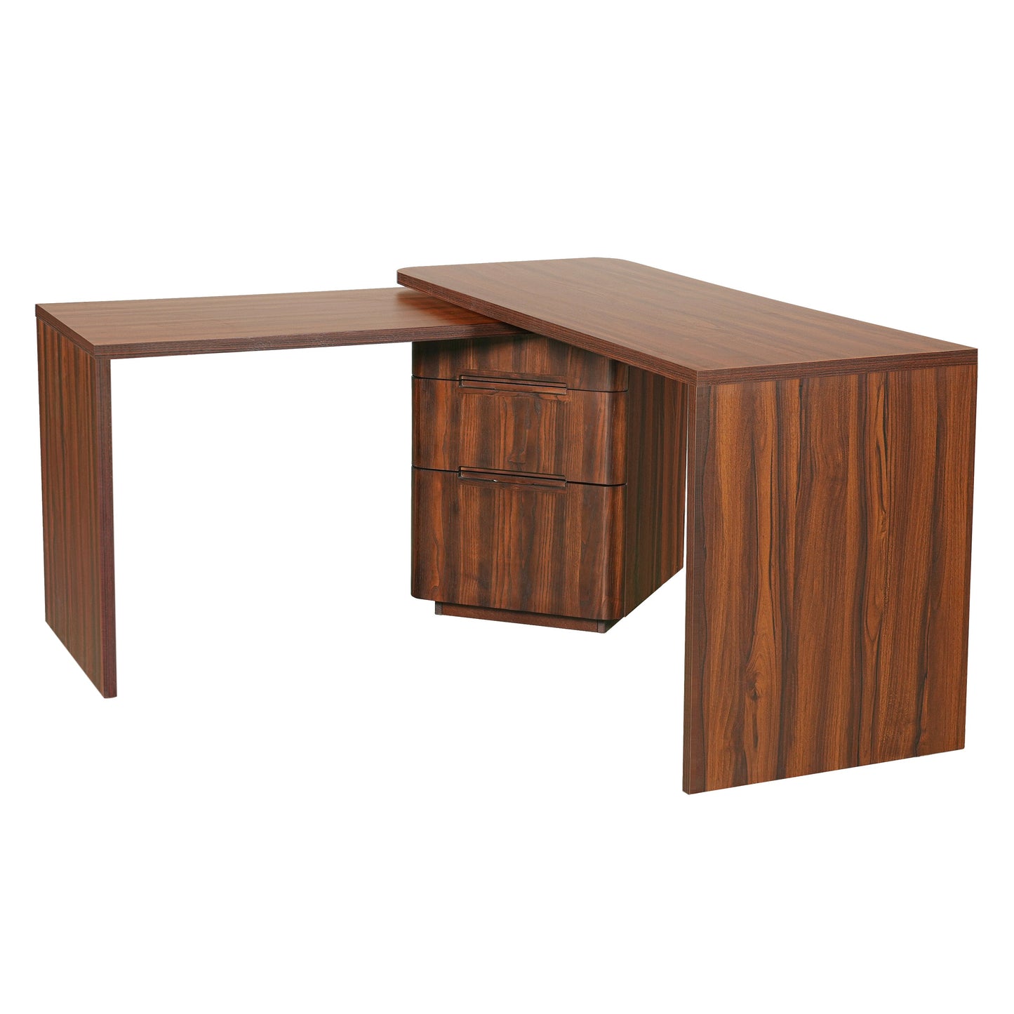90' Modern L Shaped Desk in Walnut with 3 Drawers,360deg Wood Rotating Desk,Exe...