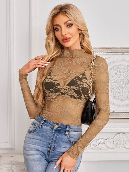 Mock Neck Long Sleeve Lace Sheer Top