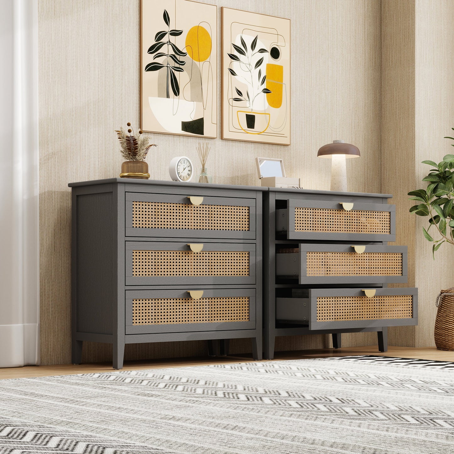 3-Drawer Cabinet - Natural Rattan - Suitable for Bedroom, Living Room, or Study