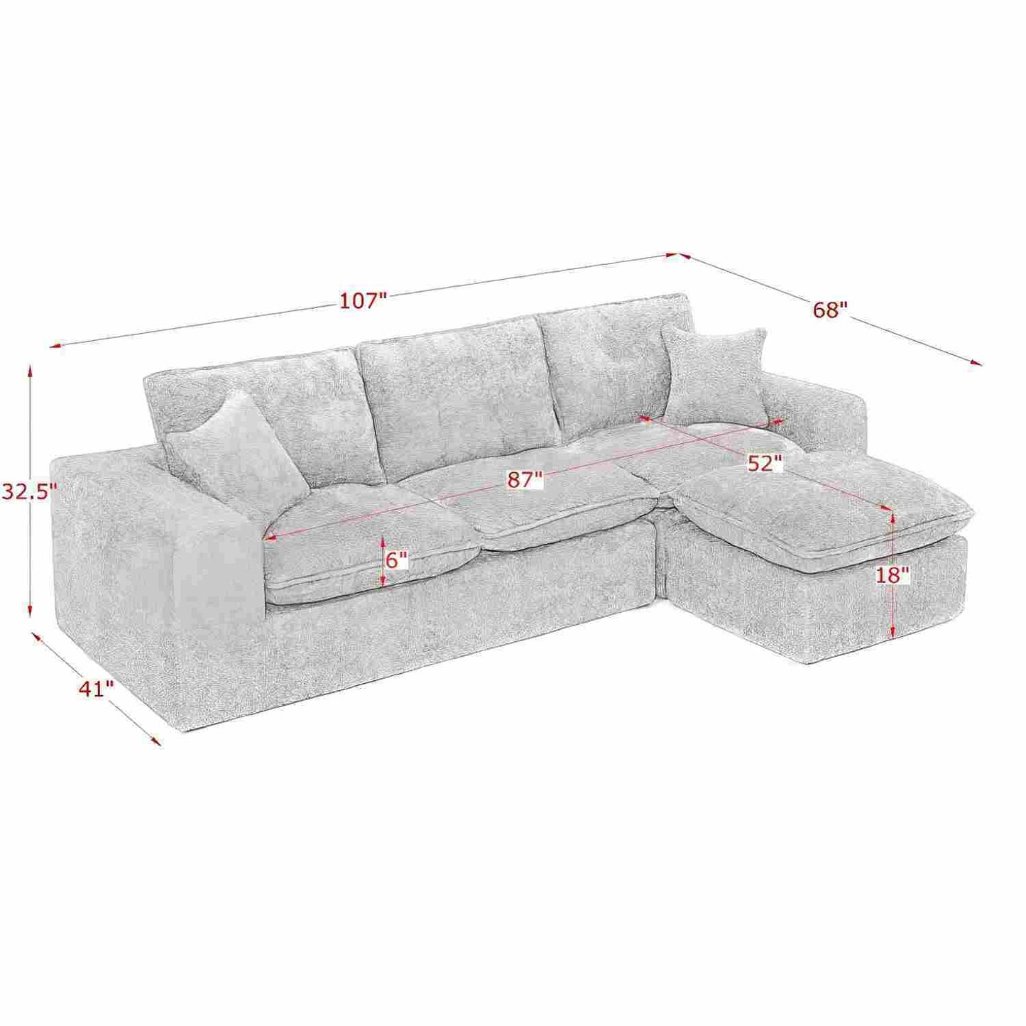 Sectional Sofa Modular Boucle Orange 4 Seat Reversible Chaise 107 In