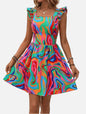 Printed Lace-up Back Backless Frill Holiday Dress