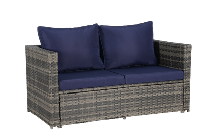 Outdoor Patio Set PE Rattan Steel Dark Blue Cushion 6 Piece Seats 8