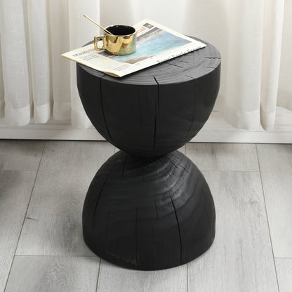 Solid Mango Wood Round Side Table, 12.2x18.11 in, Black, Burnt Vintage Look