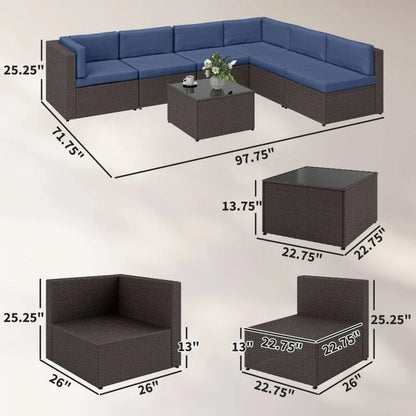 Outdoor Sectional Set PE Rattan Metal Dark Blue Black 7 Piece 264 LB