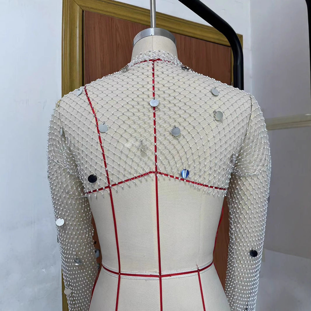 Fishnet Sequin Cardigan Top With Diamond Embellishments