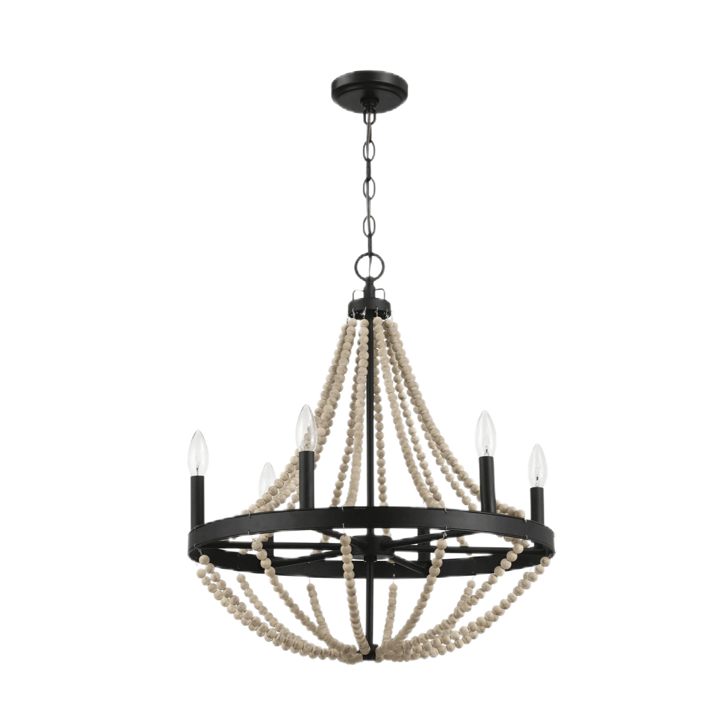 Chandelier Farmhouse Wood Beaded 6-Light Black Metal Glass 22 In