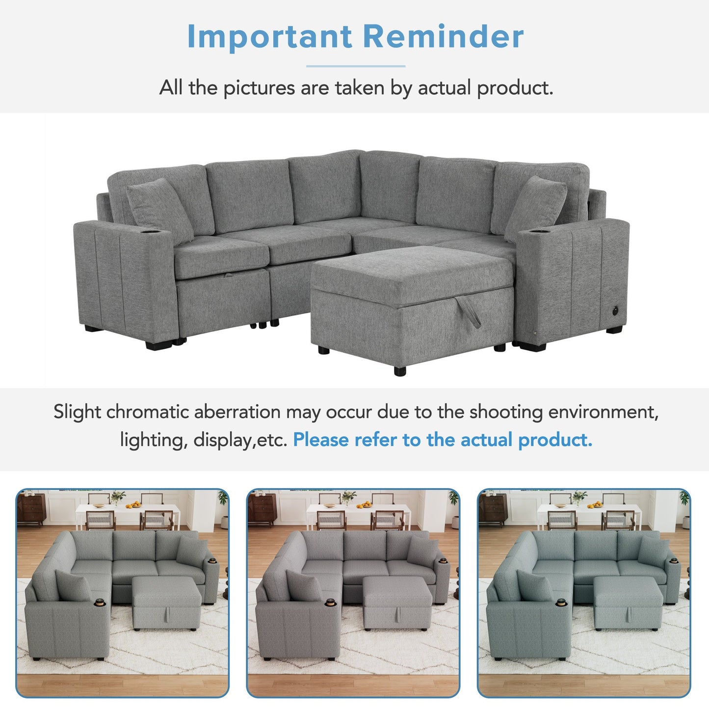 84" Sectional Sofa Convertible Pull-Out USB Gray