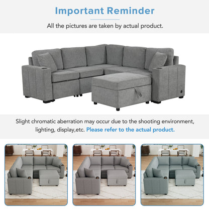 84" Sectional Sofa Convertible Pull-Out USB Gray