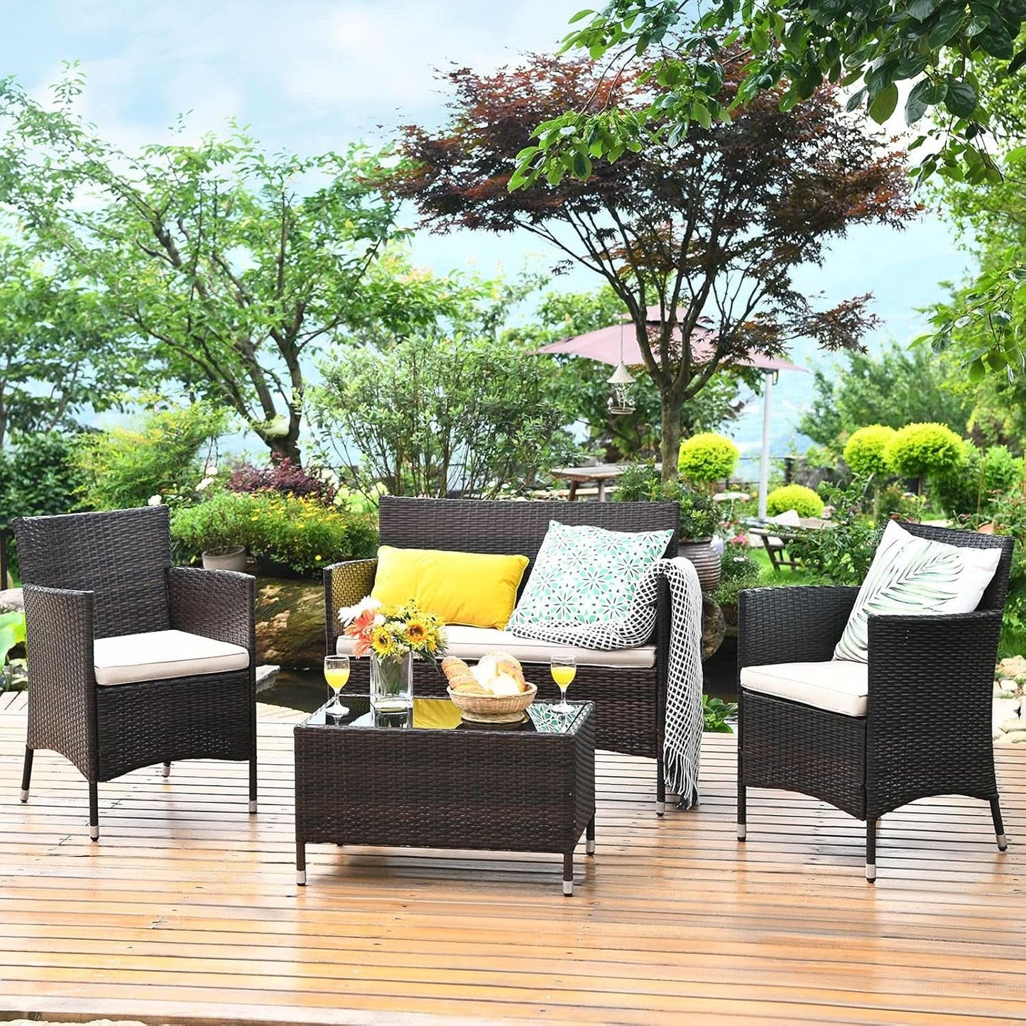 4-Piece Outdoor Rattan Conversation Set with Cushions