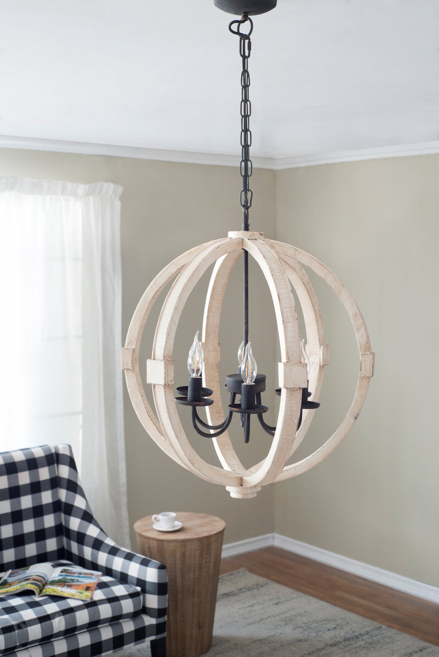 Chandelier 6-Light Wood Hanging Adjustable Chain Kitchen Dining Room