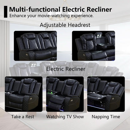 Black Leather Power Reclining Sectional Sofa Living Room