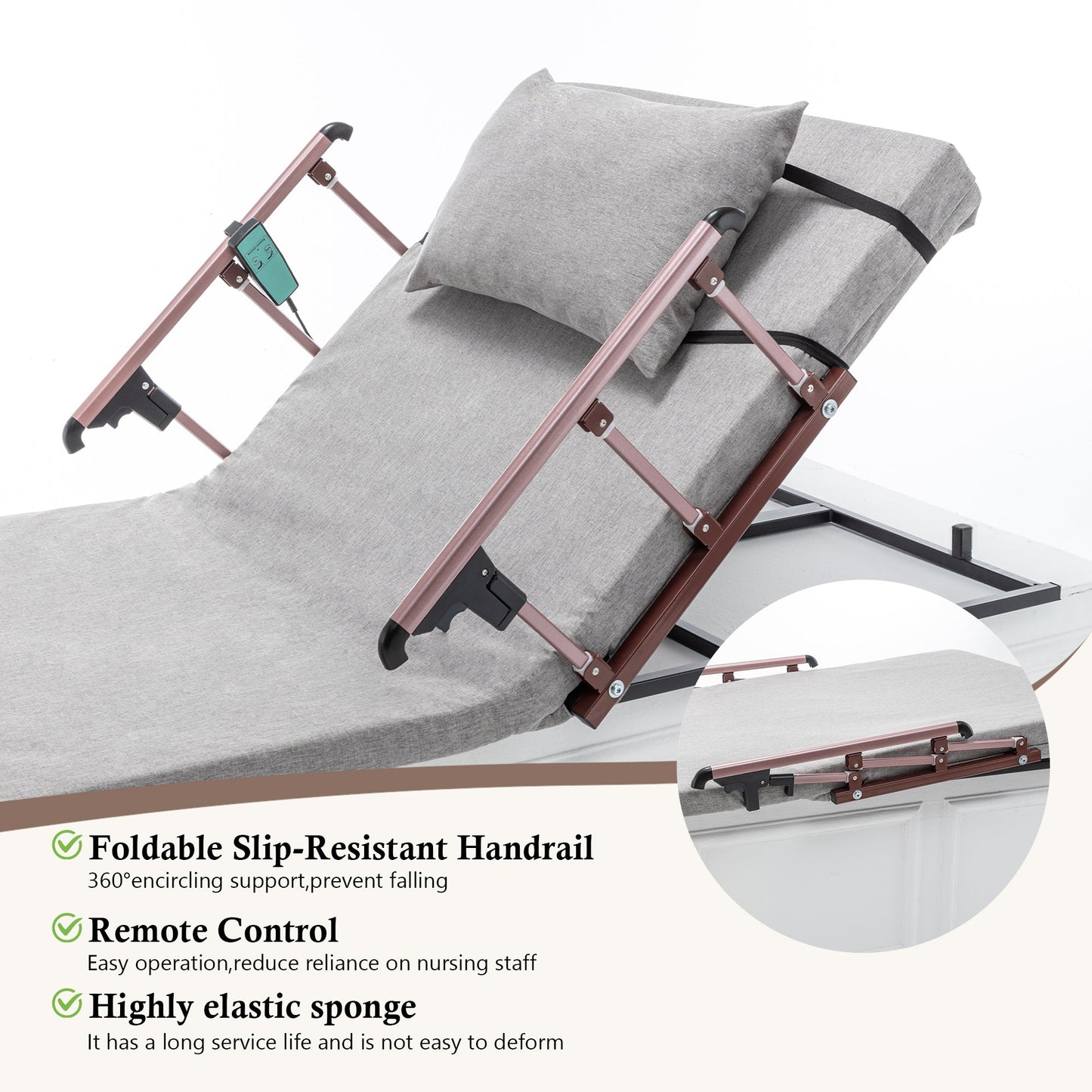 Bed Backrest Electric Adjustable 68 Degree Safety Rails Remote 300 LB 74 In