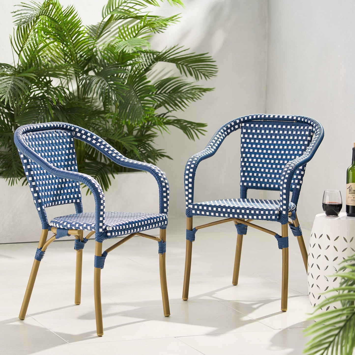 Outdoor Bistro Chair Set of 2, Rattan Wicker Aluminum Frame, White and Navy