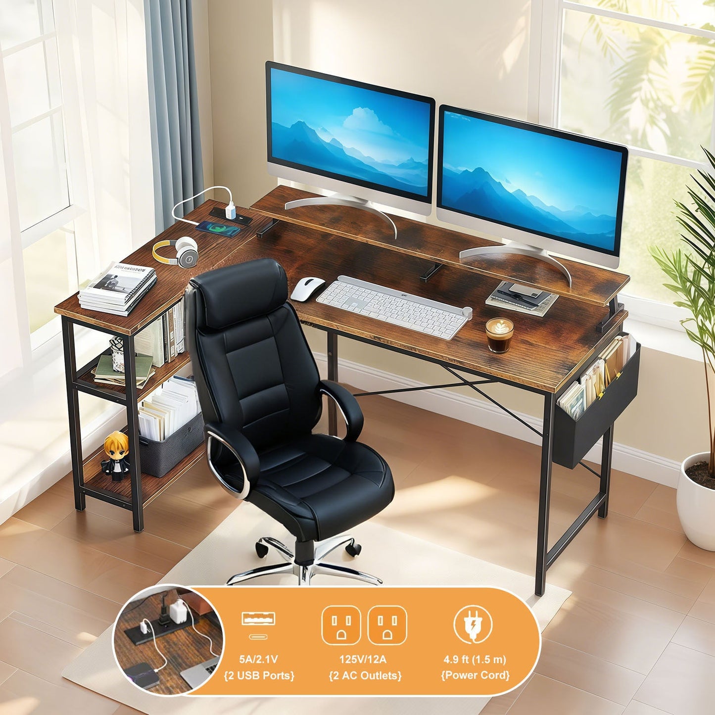 Vintage Black+Brown L Shaped Gaming Desk with Power Outlets, Monitor Stand...