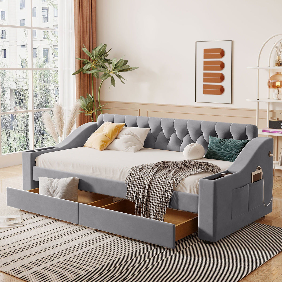 Upholstered Daybed With Storage Armrests And USB Port