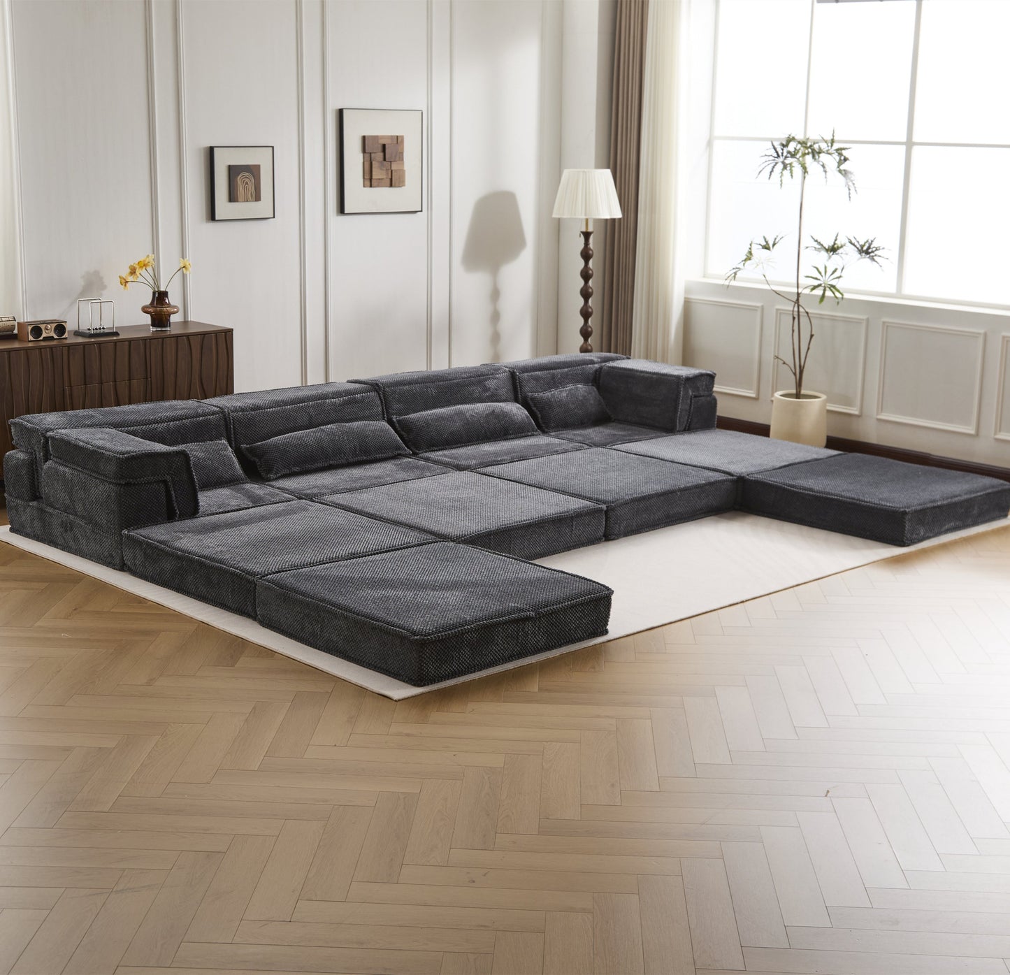 Sectional Sofa Modular Circle Fleece Dark Gray 4 Seat Ottoman 157 In