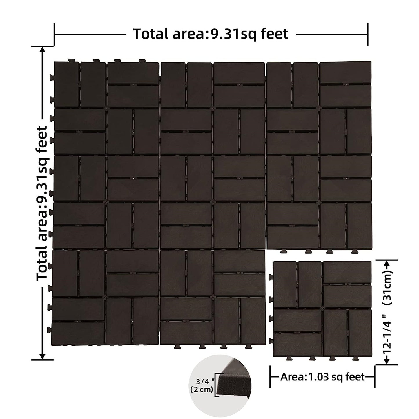 Outdoor Deck Tiles Interlocking Plastic Brown Checkered 12x12 in Pack of 36