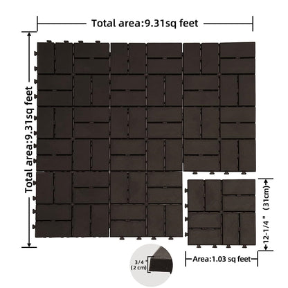 Outdoor Deck Tiles Interlocking Plastic Brown Checkered 12x12 in Pack of 36