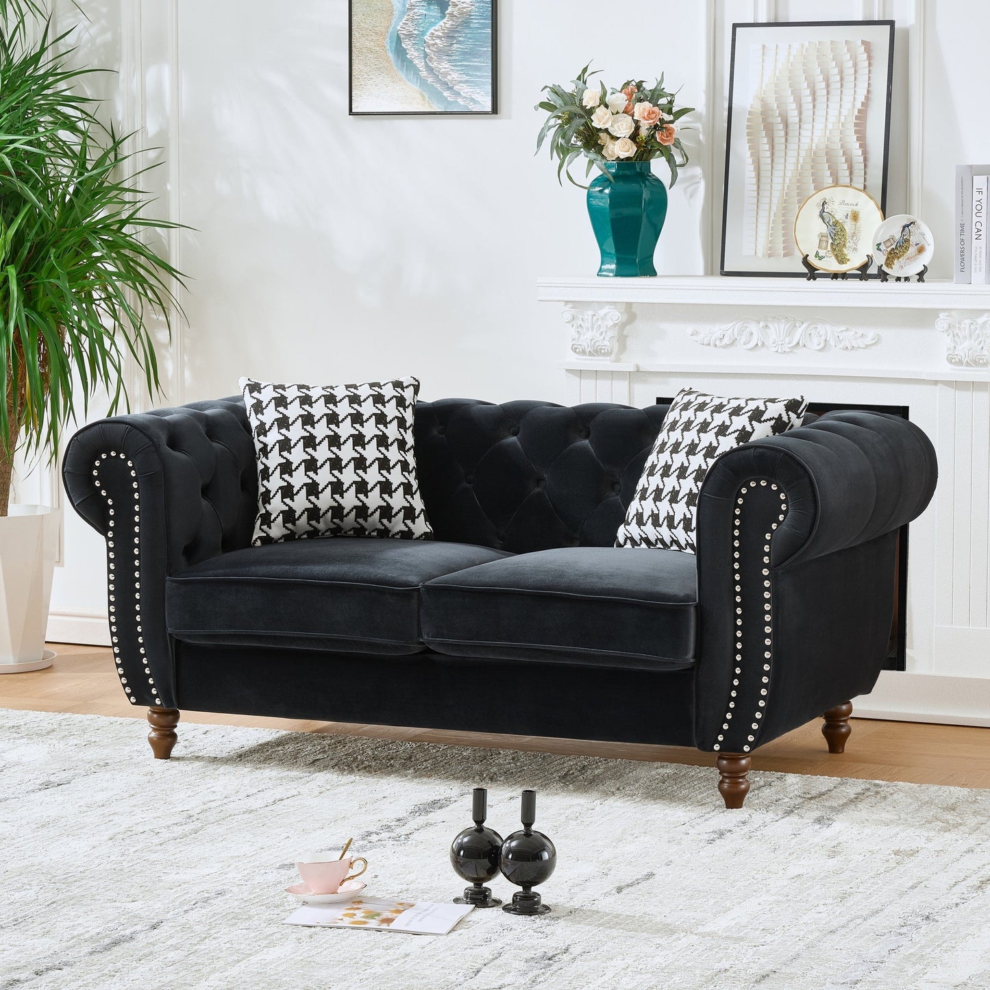 Loveseat Mid-Century Chesterfield Velvet Black 2 Seat Rolled Arms 67 In 450 LB