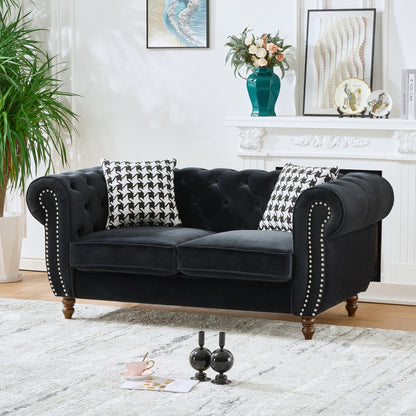 Loveseat Mid-Century Chesterfield Velvet Black 2 Seat Rolled Arms 67 In 450 LB