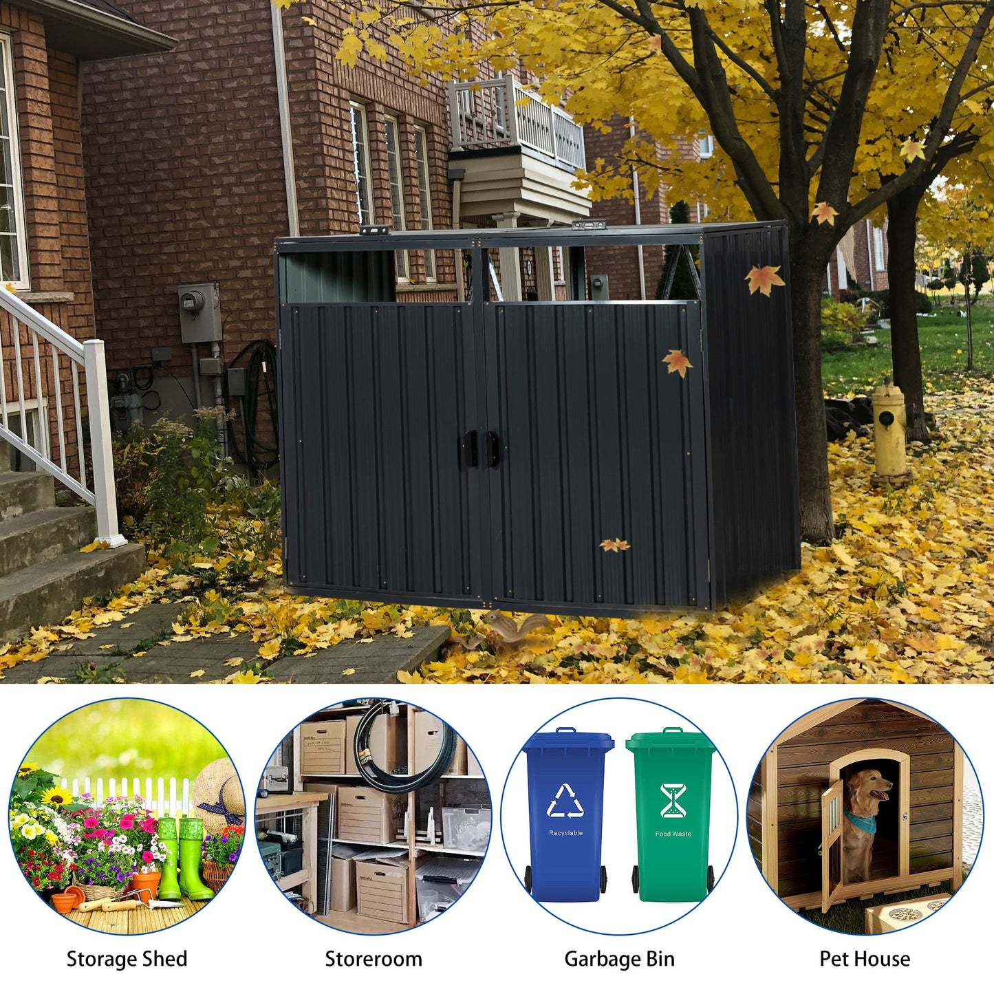 Outdoor Garbage Bin Shed Galvanized Steel Charcoal 2 Cans