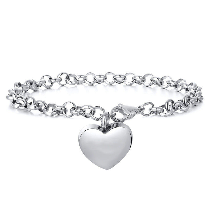 European And American-style Stainless Steel Round Pearl Chain Bracelet With A Heart Shape