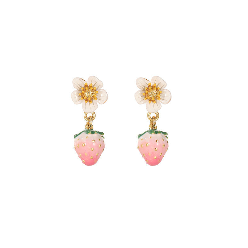 Enamel Strawberry Silver Needle Earrings For Women