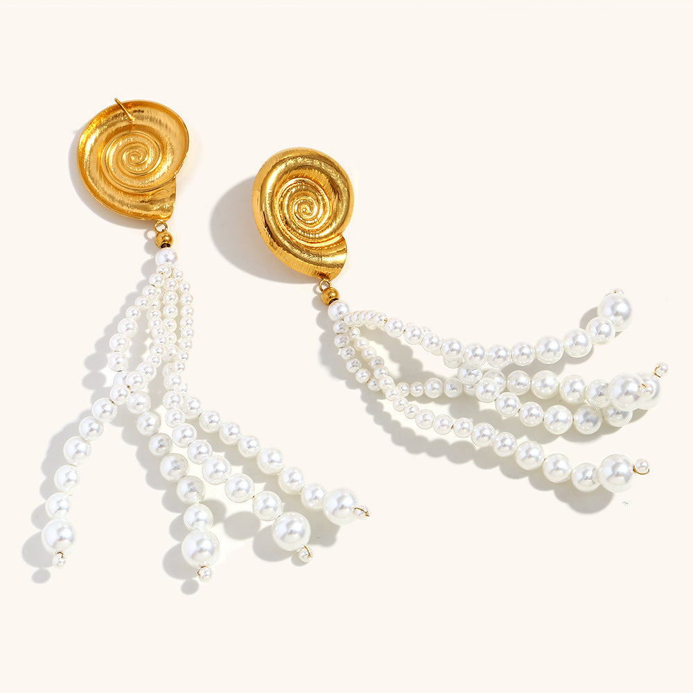 European And American Pearl Tassel Conch Stud Earrings