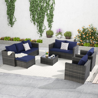 Outdoor Patio Set PE Rattan Steel Dark Blue Cushion 6 Piece Seats 8