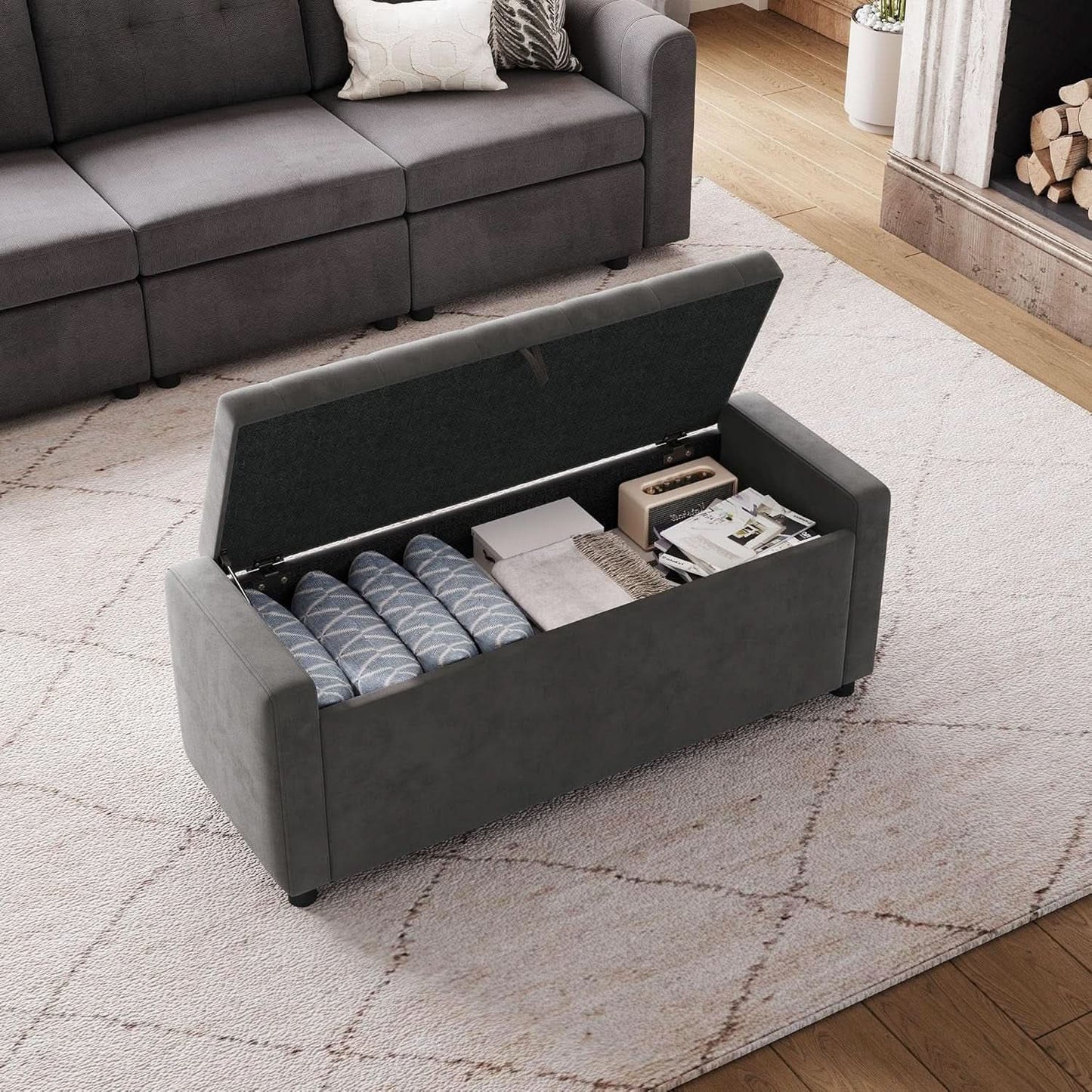 50 Inch Grey Luxurious Upholstered Storage Ottoman