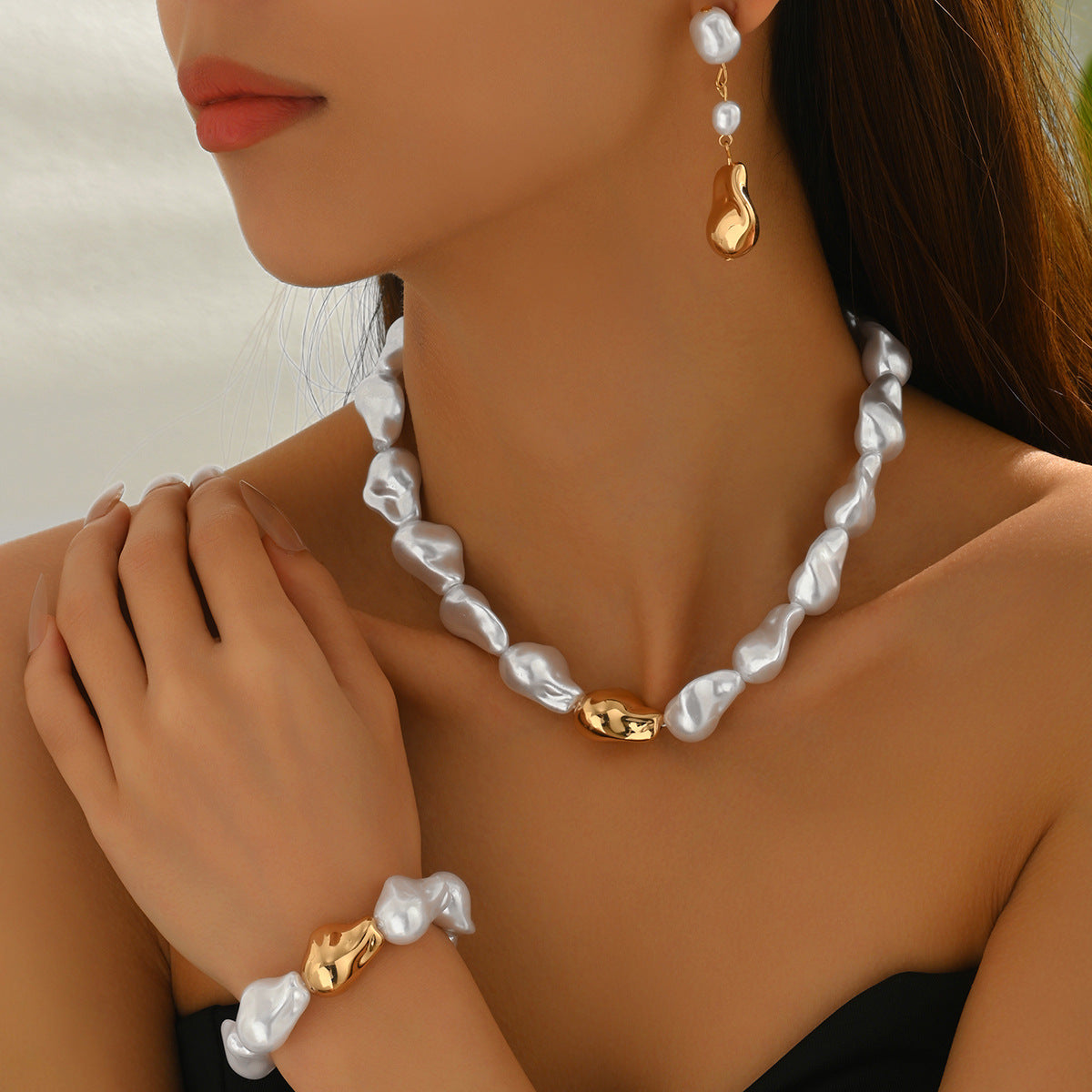 Cross-border European American Vintage Jewelry Set, Baroque Faux Pearl Necklace & Bracelet Matching Premium Versatile Earrings, Daily Women Fashion Ornaments