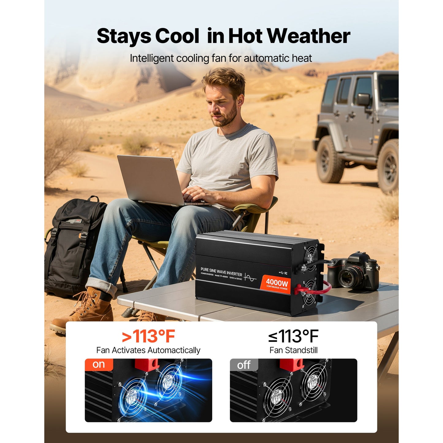 4000W Pure Sine Wave Power Inverter, 12V to 120V, LCD, USB, for RV Truck