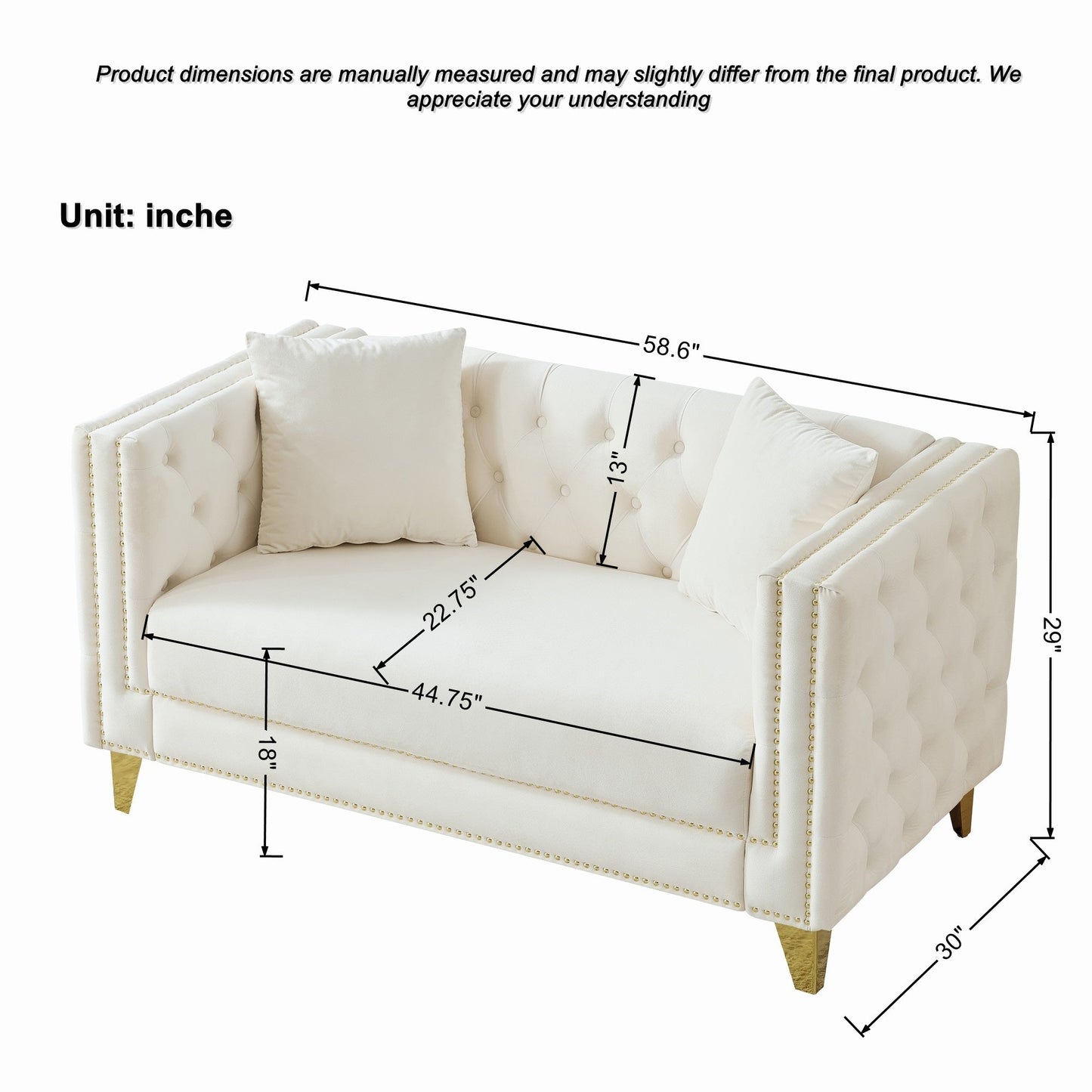 Loveseat Chesterfield Velvet Beige Button Tufted Nailhead Pine Frame 58.6 In