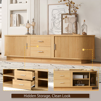 TV Stand American Style Acacia MDF Sliding Door Rounded Corners Fits 75 In TV