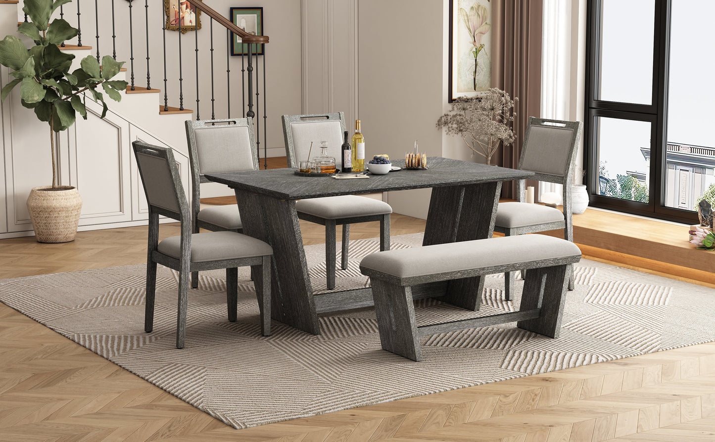6-Piece Retro Dining Table Set for 6, 60' Wood Kitchen Table and Chairs Set of