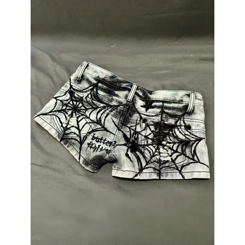 Womens American-style Spiderweb Print Diamond Skull And Star Denim Shorts