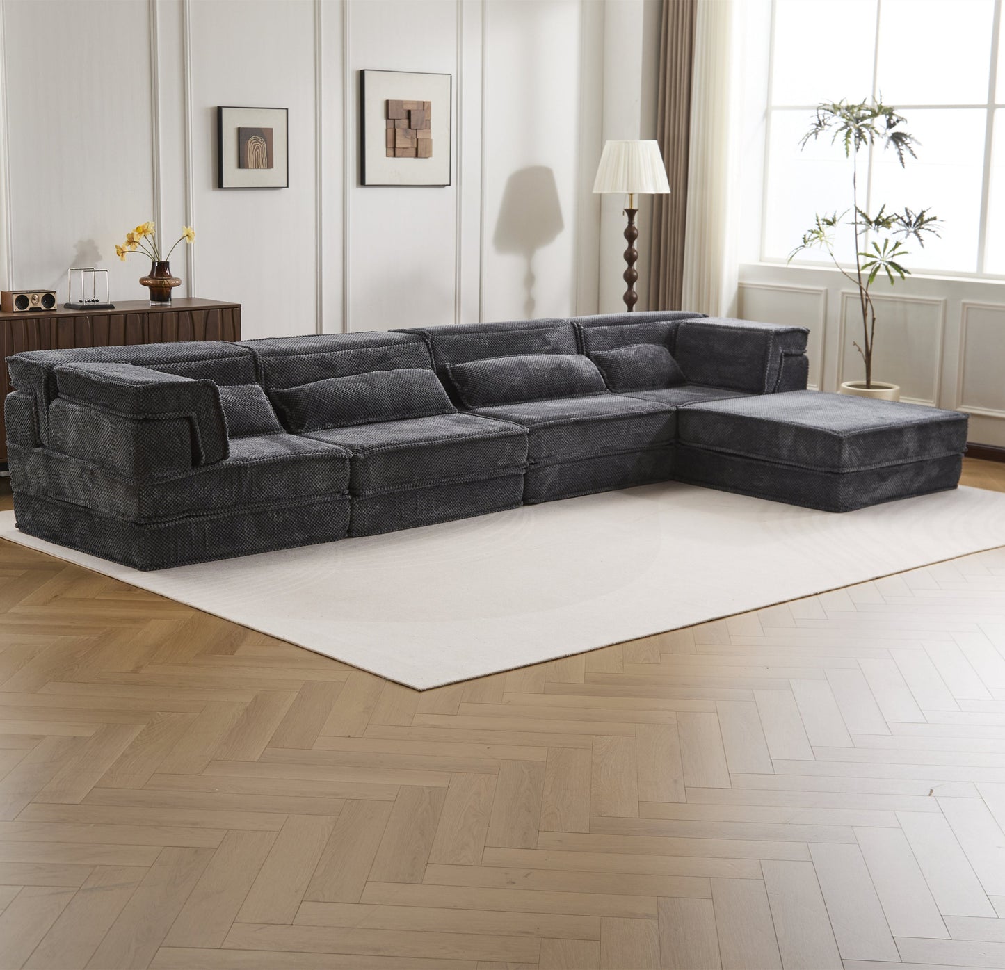 Sectional Sofa Modular Circle Fleece Dark Gray 4 Seat Ottoman 157 In