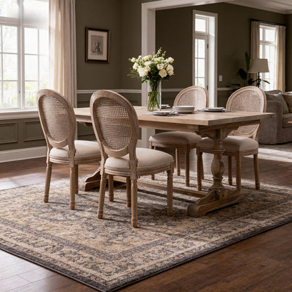 French Style Solid Wood Linen Fabric Rattan Back Dining Chair, Set of 2, Beige
