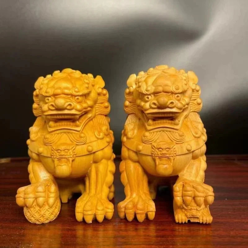 Solid Wood Carving Decorative Ornaments Of Forbidden City Lion ，Handmade，Home Lucky Mascot， Chinese Characteristic Animal Statue