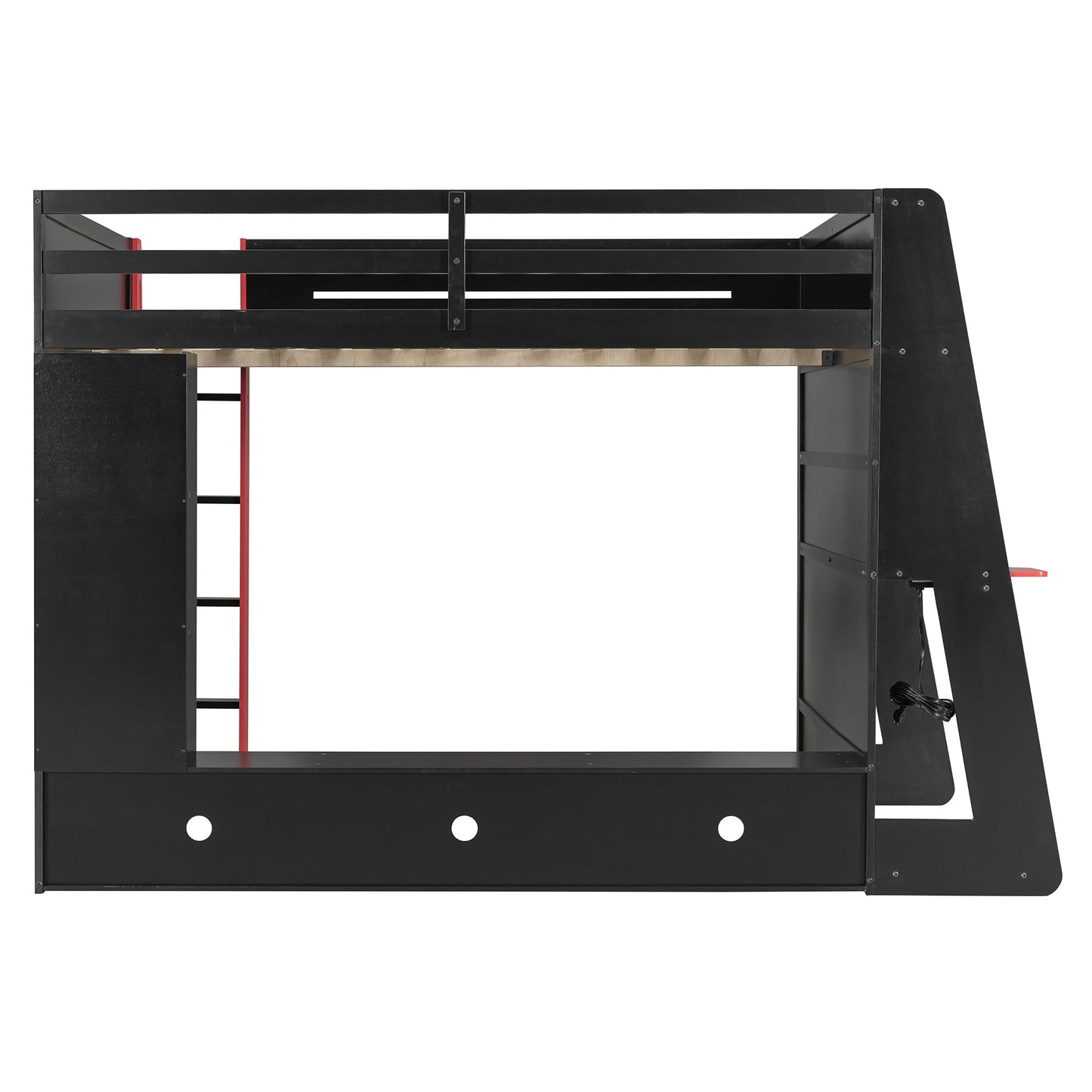 Full Size Wood Loft Bed with Desk, Multi-storage Shelves and RGB Light, Red