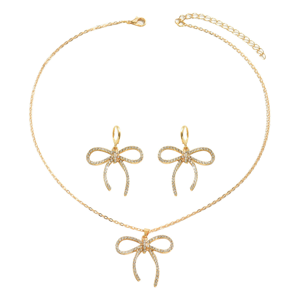 Minimalist Classic Style Bowknot Necklace Earrings Set, Niche Unique Cubic Zirconia Inlaid Clavicle Chain Versatile Women Stud Earrings